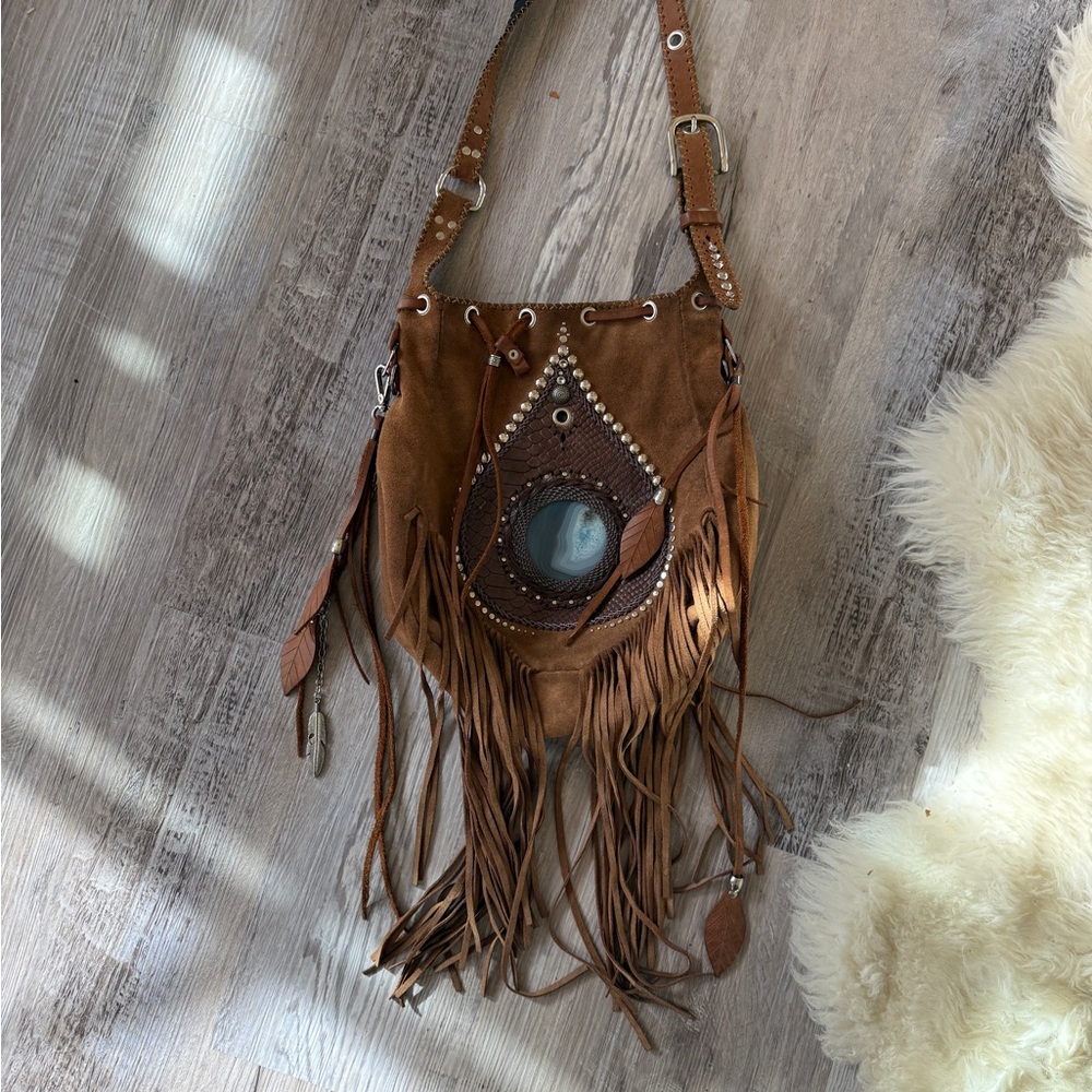 Handmade suede Bohemian agate Fringe crossbody Bag